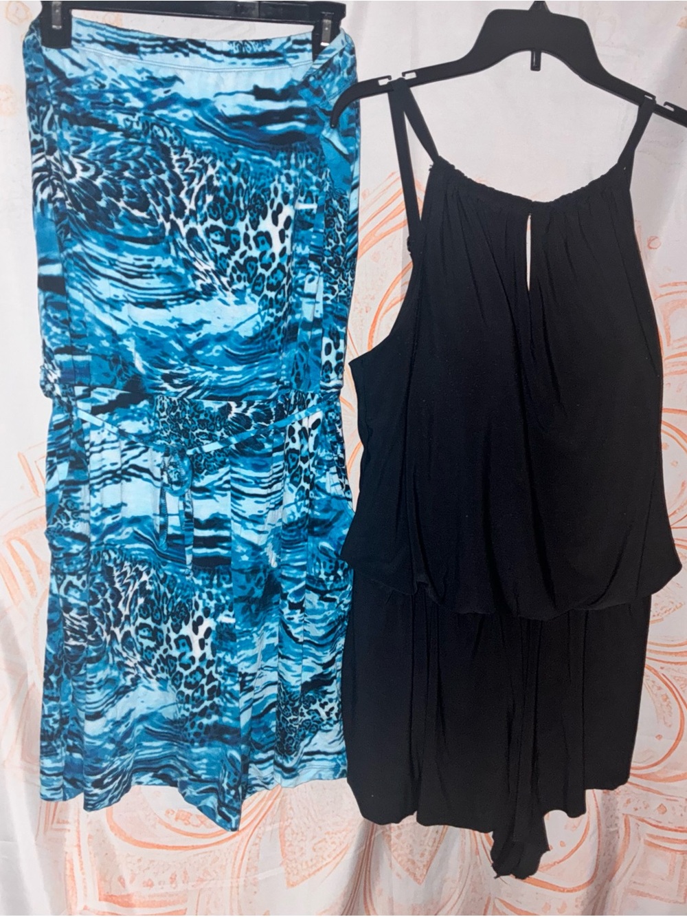 Aqua Green Black Swim Romper and Turquoise Leopard Patterned Cover-up